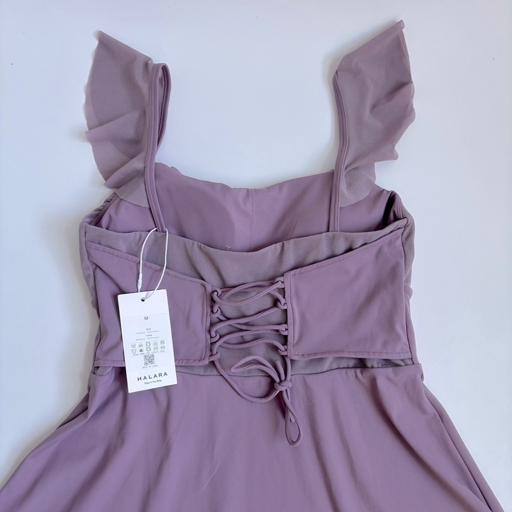 Halara Airy Softlyzero Ruffle Backless Lace Up Mesh Flare Mini Dress Elderberry - Picture 7 of 17
